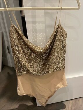 NWT Balmain Gold Sequin Cowl Neck Bodysuit